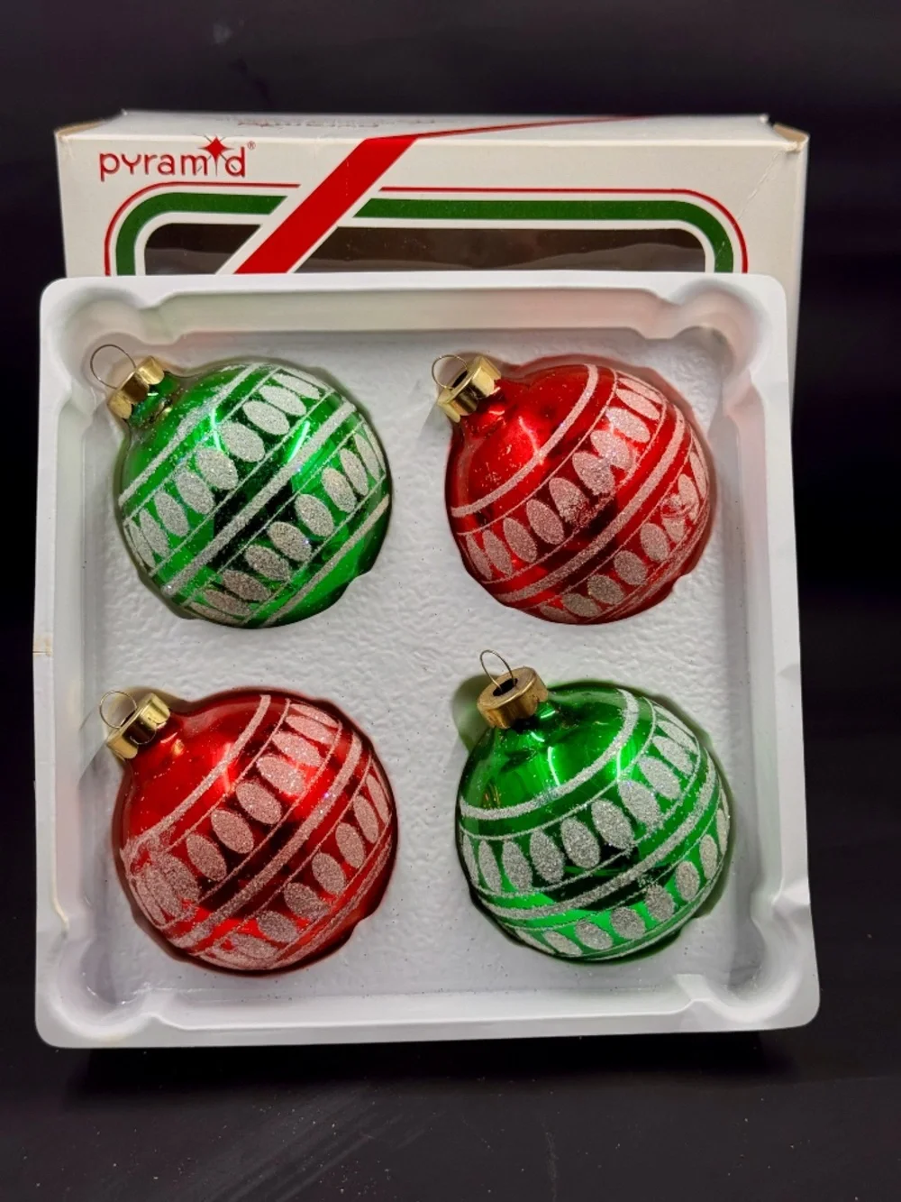 Vintage Set of Four Rauch Red and Green iridescent accents Christmas Ornaments